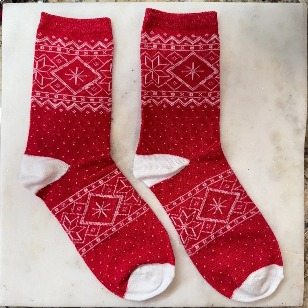 Red Holiday Socks With White Snowflake Design
